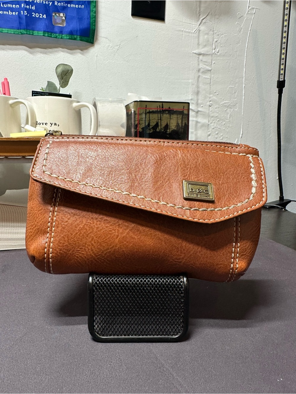 boc Tan Leather Wristlet Wallet with Contrast Stitching